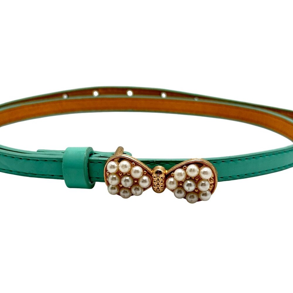 Mint Green Faux Leather Belt Pearl-Embellished Gold Bow Buckle Adjustable 29-33"